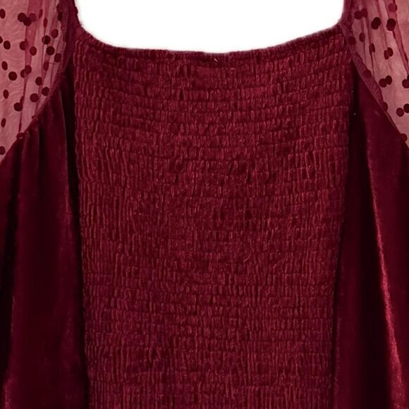 NWT Burgundy 2X Velvet Blouse Sheer Swiss Dot Sleeves Smocked Back Siren Lily - Picture 4 of 12